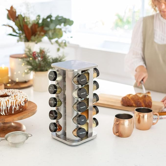 20 Jar Rotating Spice Rack with Spices Included & 5-Year Free Spice Refill Program – Stainless Steel Countertop Spice Rack with 3 oz Glass Jars | 5-Year Free Spice Refill Program, Stainless Steel Countertop, 3 oz Glass Jars