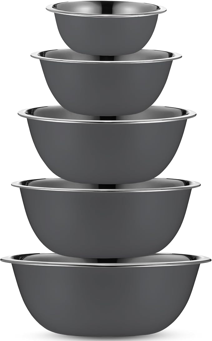 WHYSKO Stainless Steel Mixing Bowls Set, 5-Piece Meal Prep & Food Storage | .75, 1.5, 3, 4 & 5 Quart Metal Mixing Bowls Set for Prep, Serving, Baking & Food Storage, Ecofriendly, Dishwasher Safe, Grey