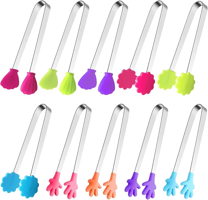 10PCS Silicone Mini Tongs, 5Inch Hand Shape Food Tongs, Colourful Small Kids Tongs for Serving Food, Ice Cube, fruits, Sugar, Barbecue by Sunenlyst (Palm flower assorted)