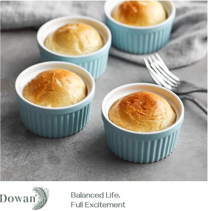 DOWAN 4 oz Ramekins for Creme Brulee, Porcelain Ramekin Oven Safe, Classic Style Ramekins for Baking Souffle Dishes Small Bowls Custard Cup, Set of 6, Blue