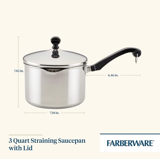 Farberware Classic Series Stainless Steel Straining Sauce Pan with Lid, 3-Quart Sauce Pan With Pour Spout