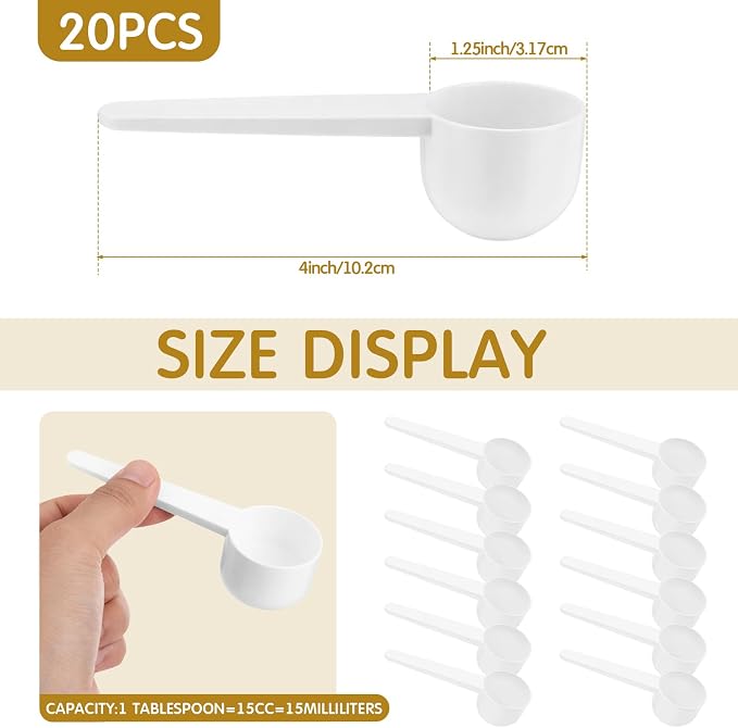 Patelai 20 Pack 15ml/15cc Plastic Tablespoon White Measuring Spoons Long Handle Tablespoon for Coffee, Pet Food, Grains, Protein, Spices and Other Dry Goods