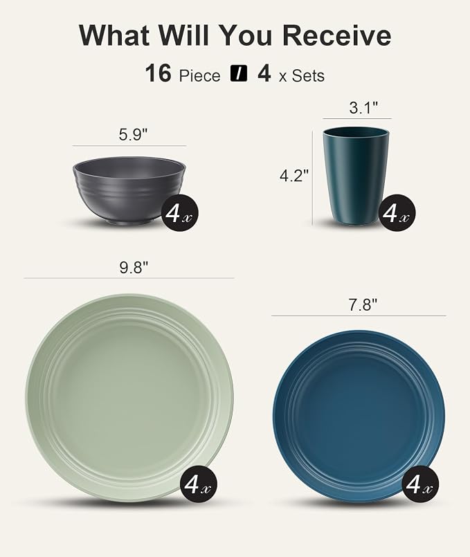 Quatish 16 Pcs Unbreakable Plates and Bowls, Plastic Dinnerware Sets for 4, Reusable Dish Set for Camping, Dishwasher Microwave Safe, Outdoor Kitchen and Apartment Dinning RV Essentials, Green
