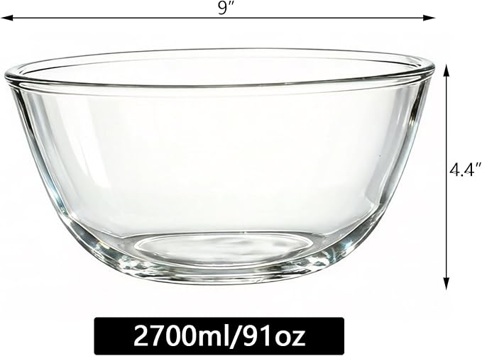 2 Pack 9" Deep Mixing Bowls Glass Salad Bowl Round Glass Serving Bowls for Cooking Baking Prepping 2.7L/91OZ