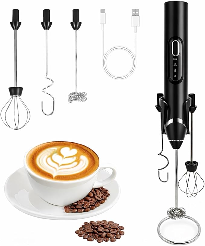 Rechargeable Milk Frother with Stand,Coffee Frother,Drink Mixer（Black) | Rechargeable Mixer Wand, Electric Whisk for Protein Powder, Lattes, Cappuccino,Matcha, 3 Variable Speeds 3 Whisks