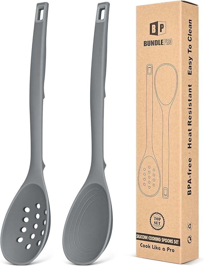 Pack of 2 Silicone Cooking Spoons, Non Stick Solid Kitchen Spoon with Measuring Marks & Back Hooks, Heat Resistant Silicone Slotted Spoon for Cooking, Mixing, Stirring,Serving (GRAY)