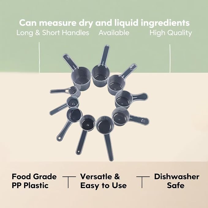 Long handle Clear Plastic Measuring Scoops 2 Pack - 15ml 10ml 5ml 3-in-1 Multi-Measurement Scoopers for Protein Powder, Creatine, Supplements and Liquids - Food Grade BPA Free PP Material