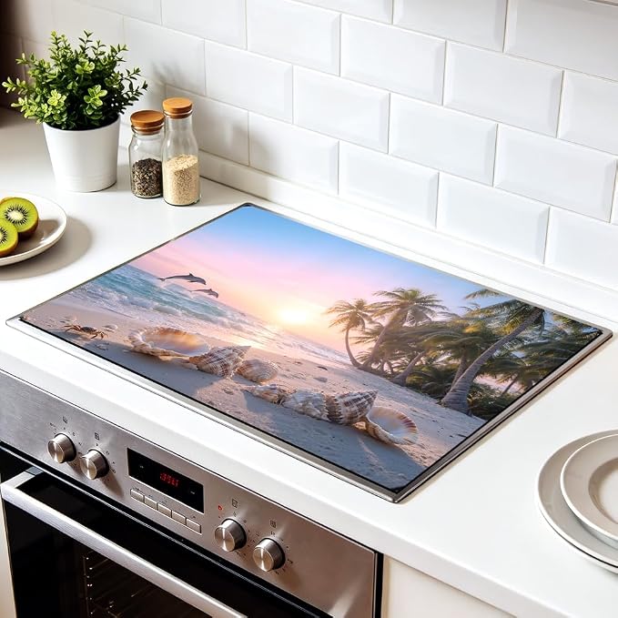 Beach Stove Top Cover, Tropical Coastal Kitchen, 28x20 in | Sunset beach with dolphins, palm trees and seashells; non-slip mat; protects glass and electric cooktops; 28.4 x 20.5 in