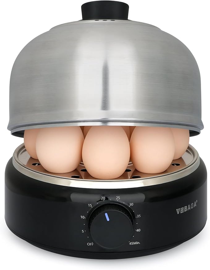 VOBAGA Rapid Egg Cooker, Electric Egg Boiler and Steamer Machine, 9 Egg Capacity, Stainless Steel, Auto Shutoff with Silent Timer, 400W (Black)