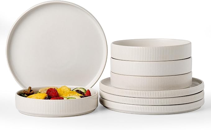 Famiware Star Stoneware Dinnerware Sets, 8-Piece Dishes for 4, Matte White | 7.5" Shallow Pasta Bowls & 10.5" Flat Dinner Plates, Everyday Dining, Chip & Scratch Resistant, Microwave & Dishwasher Safe