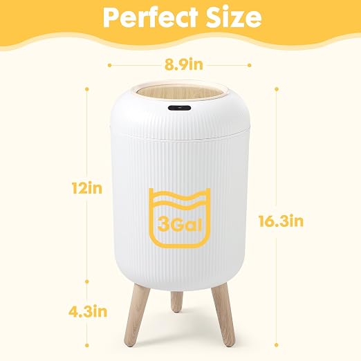 Motion Sensor Bathroom Trash Can,3 Gallon Auto Touchless Trash Bin | Automatic Garbage can with Lid and Legs,Electric,Tall,Plastic,Small White wastebasket for Bedroom,office,kitchen,RV,Toilet