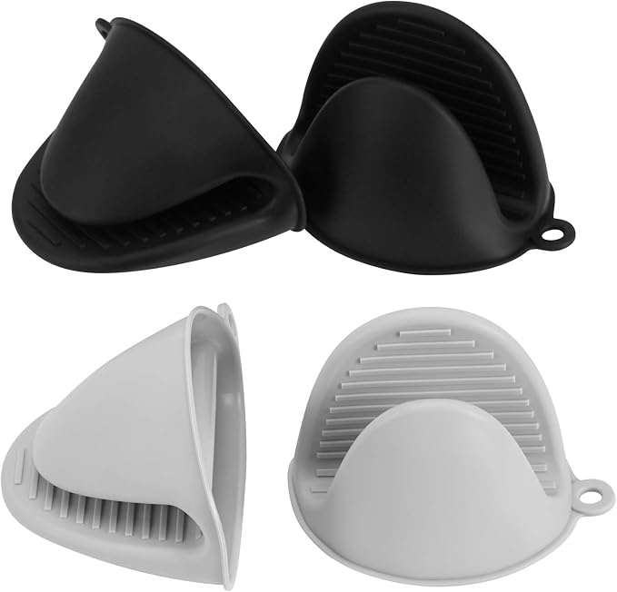 Vaincre 4PCS Heat Resistant Silicone Oven Mitts & Potholders, Black & Gray | Food Grade Silicone, Non-Slip Grip, Waterproof, Mini Size, Flexible, Dishwasher Safe, For Cooking Baking Grilling BBQ