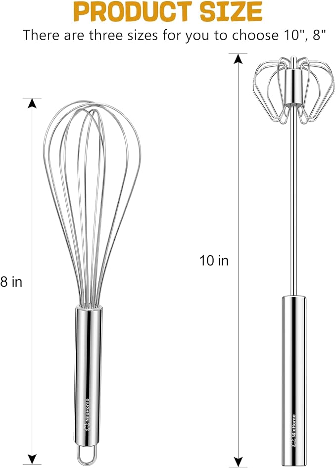 NileHome Stainless Steel Whisk 8" Hand Blender + 10" Semi-Automatic Rotary Kitchen Whisk Kitchen Wisk Wire Whisks for Cooking, Whisking, Blending, Beating, Stirring- 2 Pack...