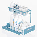 L-Shaped Under Sink Organizer, 2-Tier Pull-out Cabinet Rack 1-Pack | Teal Height-Adjustable Steel Rack, Sliding Grid Drawers with PP Liners, Holds 100 Lbs, Suction Base, Ideal Kitchen Storage