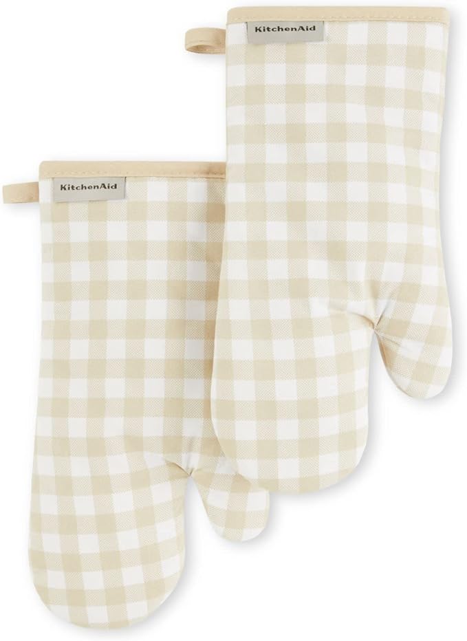 KitchenAid Gingham Oven Mitt 2-Pack Set, Milkshake Tan, 7"x13"