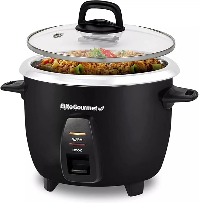 Elite Gourmet ERC2010B Rice Cooker, Stainless Steel, Black, 10 Cups Cooked | 5 Cups Uncooked - Also Makes Soups, Stews, Porridges, Grains and Cereals for Versatile Cooking