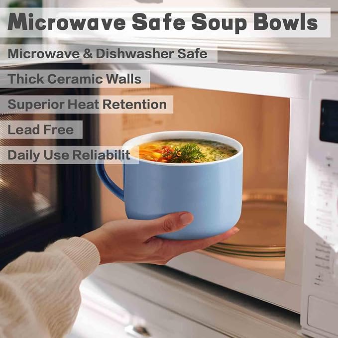 Soup Bowls with Handles & Spoons, 30oz Ceramic Ramen Bowl with Lid, Large Soup Mugs/Cups for Instant Noodle, Big Cereal Bowls for Oatmeal, Soup Containers with Lids, Set of 2, Sky Blue