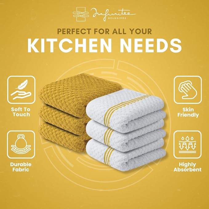 Infinitee Xclusives Kitchen Towels - 6 Pack - Cotton Dish Towel |15" x 25"| | 100% Cotton, Highly Absorbent Tea Towels - Lint Free, Soft, Durable & Quick Dry, Ideal for Drying Dishes & Kitchen Cleaning