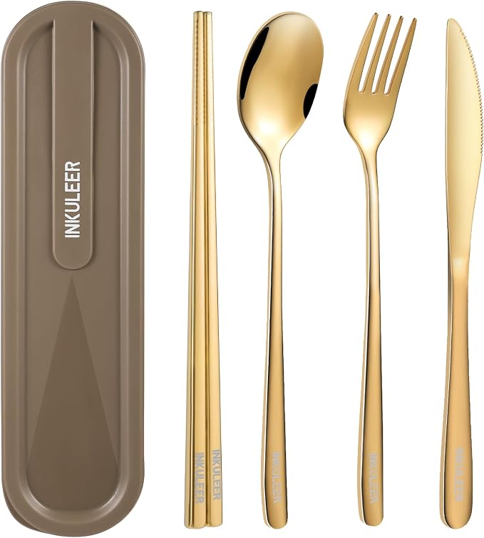 iNKULEER Travel cutlery set, 18/8 stainless steel cutlery, Reusable utensils set with case, Portable Silverware Lunch Box for Camping and Office (Rose Gold/knife set)