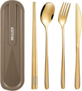 iNKULEER Travel cutlery set, 18/8 stainless steel cutlery, Reusable utensils set with case, Portable Silverware Lunch Box for Camping and Office (Rose Gold/knife set)