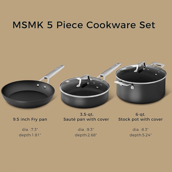 MsMk 5-Piece Nonstick Pots and Pans Set, Non Toxic Induction Cookware Sets | Even Heating, Easy Clean, Dishwasher & Oven Safe, suitable for gas & electric & induction stoves, Stainless Steel, Ceramic