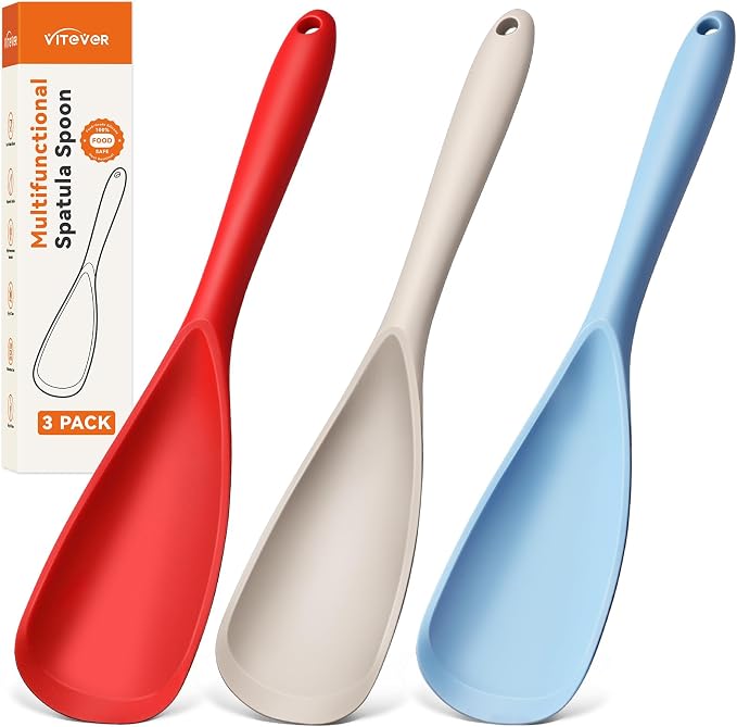 3 PACK Silicone Cooking Spatula & Spoon for Nonstick Cookware, BPA-Free | Multifunction Spoonula for Baking, Cooking, Serving, Mixing, Stirring, Scoop, Scrape - One-Piece Formed, Dishwasher Safe