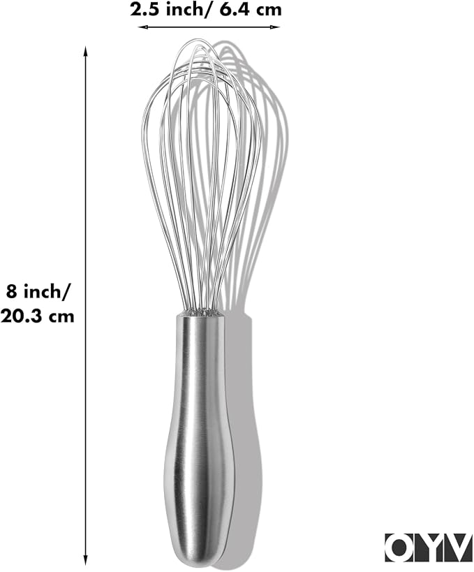 OYV 8" Small Whisk, 18/10 Stainless Steel Whisk, Ergonomic Handle | Dishwasher Safe, 8-Wire Balloon Design, Rust Resistant, Sealed Waterproof Handle, For Eggs, Sauces, Batter And Cream