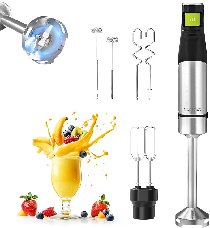 Consciot 4 in 1 Immersion Hand Blender Max 1100W, Corded Stick Emulsifier with Entire Stainless Steel Blender Shaft, Trigger Speed Control, For Blending, Beating, Frothing, Mixing & More, Non-BPA | Corded Stick Emulsifier with Entire Stainless Steel Bl...