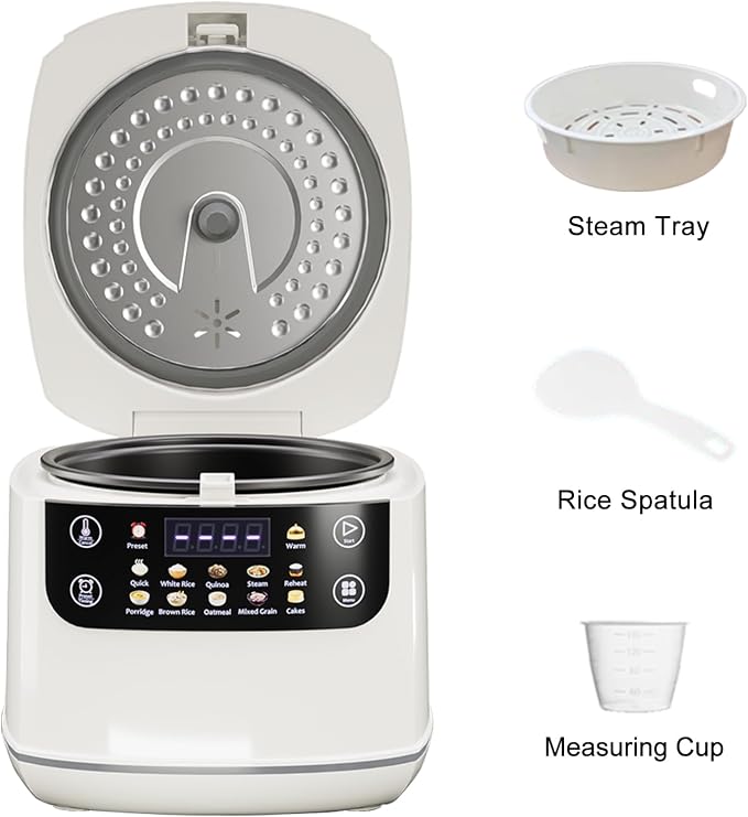 Portable Digital Rice Cooker, 6-Cup (Uncooked)/12-Cup (Cooked) Small Rice Maker with Steaming Basket, Mini Rice Cooker with 2L Removable Nonstick Inner Pot, 10 Menu Options, Auto Keep Warm, 24 Hour Delay Timer, White