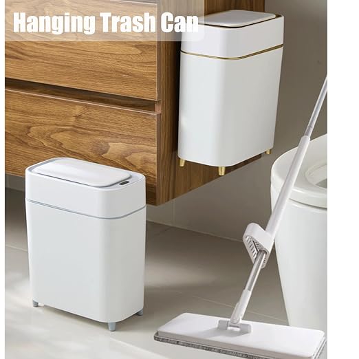 2-Pack - Bathroom Trash Can Automatic Touchless - Motion Sensor Garbage Can | 2 Gallon Waste Basket for Bedroom, Laundry room, Small Spaces - Narrow Automatic Trash Bin - White with Grey Edge