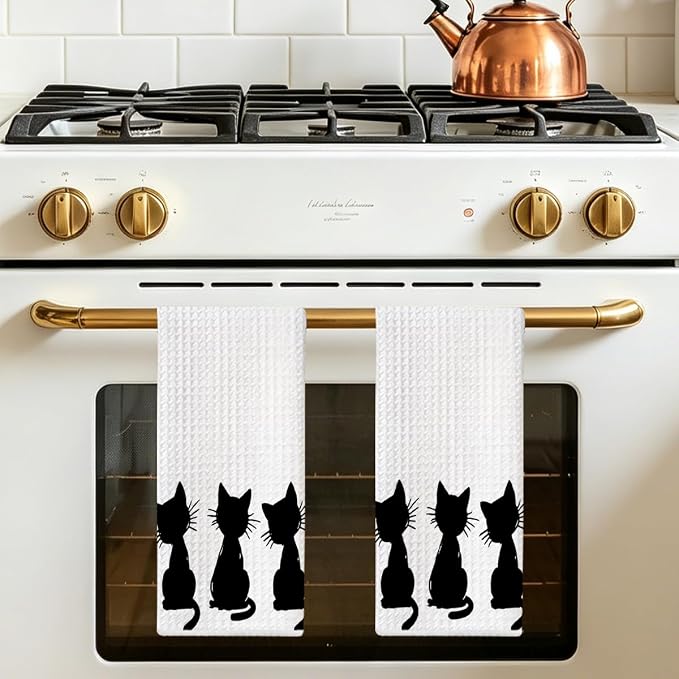 2 Pcs Cute Cat Kitchen Towels 24x14 Inch, Cat Lover Gifts for Women Mom | Cute Cat Gifts Absorbent Reuse Hand Tea Towel Dish Cloths for Drying Dishes, Cat Waffle Dish Towels for Kitchen Home Decor