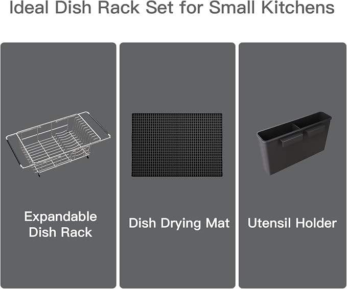 Dish Drying Rack Over The Sink with Utensil Holder, Mat | Expandable Stainless Steel Dish Drainer for Small Kitchen, Apartment, RV, Counter Space Saving, Perfect Fit, Rustproof