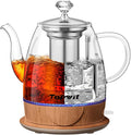 Topwit 1L Glass Electric Kettle, Gooseneck Electric Tea Kettle, BPA-free | Removable Stainless Steel Tea Infuser, Auto-Shut Off, Boil-Dry Protection, Dual-Purpose For Hot Water, Tea & Coffee, Wood