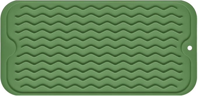 Silicone Dish Drying Mat, Non-Slip Easy Clean Sink Mat, Dark Green ,12"x6" | Quick-Dry Ridges, Large Heat-resistant Dish Drainer Mat for Kitchen Counter, Hangable & Roll-Up for Storage, Dishwasher Safe