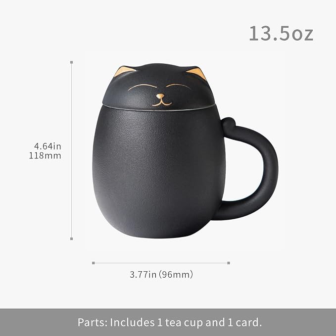 HEER Black Cat Ceramic Tea Mug 13.5oz with Infuser and Lid, Black | Cat Lover & Cat Mom Birthday Gift for Women, Perfect for Loose Leaf Tea, Tea Strainer Cup for Home & Office Use