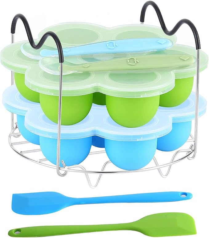 7PCS Silicone Egg Bites Mold Set with Steamer Rack for 6qt 8qt Instant Pot | Includes 2 Spoons and 2 Spatulas for Meal Prep, Breakfast Recipes, Steaming, Baking, and Convenient Homemade Egg Snacks