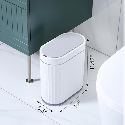 ELPHECO Bathroom Trash Can with Lid, 2 Gallon, Motion Sensor, White Grey | Automatic Garbage Can, Slim Plastic Wastebasket, Smart Trash Bin for Bedroom, Bathroom and Office