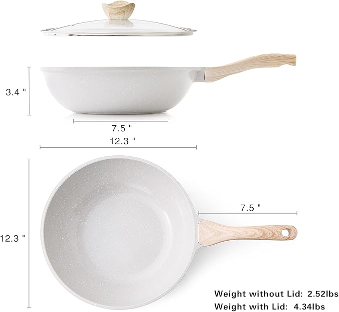 Kordisen Ceramic Wok Pan, 12 Inch Nonstick Wok with Lid, Healthy Non Toxic Woks & Stir-fry Pans for Cooking, Induction Cookware, PFOA & PFAS Free (Grey)