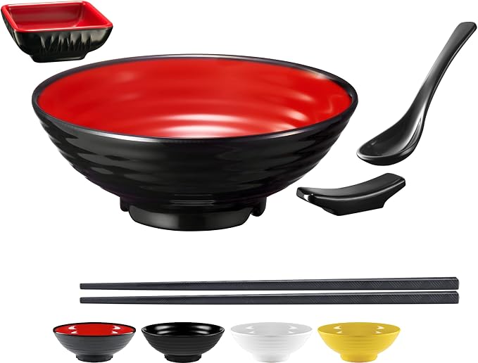 Unbreakable Ramen Bowl Set with Chopsticks and Spoon: 1 large Japanese Style Melamine Ramen Bowl, Dipping Bowl and Chopsticks and Stand for Asian Pho Soup Thai Miso Udon Wonton (1 Bowl Set, Red-Black)