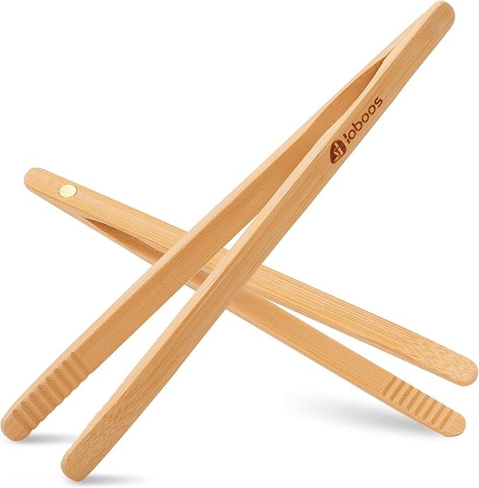 Magnetic Classic Bamboo Toast Tongs - Wood Cooking Tong,Ideal for Toaster,Fruits, Bread & Pickles, Kitchen Utensil for Cheese Bacon Muffin,Small Mini Tongs For Cooking - 8" Long | Set of 2