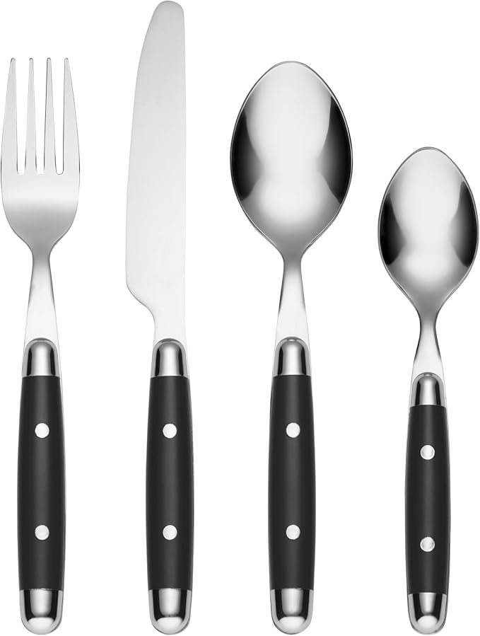 Cambridge Jubilee Black 16-Piece 18/0 Silverware Set for 4, Flatware | mirror finish, dishwasher safe | includes knives, forks, and spoons | heavy duty, cutlery set for kitchen and dining