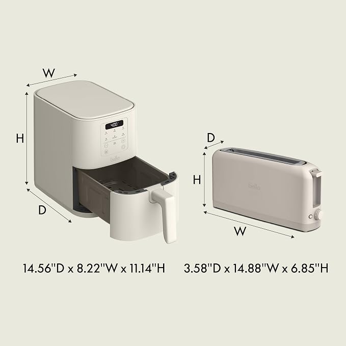 BELLA Slim 2 Slice Toaster + 4Qt Slim Air Fryer, Fits-anywhere™ Kitchenware, Small Air Fryer w 6 Preset Cooking Options and Slim Toaster w 6 Shades Control, Oatmilk