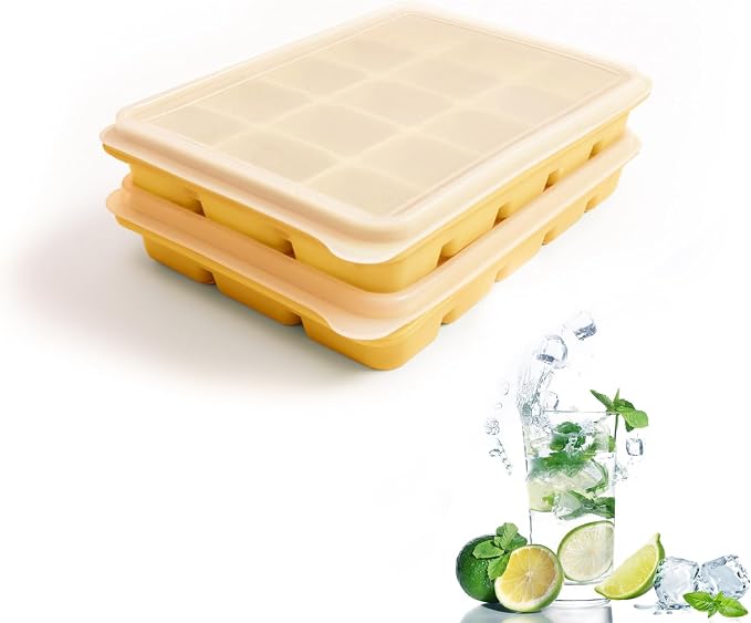 Tvmania Ice Cube Trays Set of 2, 15-Cube Silicone Molds with Removable Lids | Stackable, easy release, BPA-free, reusable, for freezer and whiskey