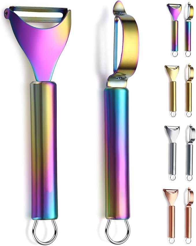 Rainbow Potato Vegetable And Fruit Peelers For Kitchen, Kyraton Titanium Colorful Plating Stainless Steel Peelers, Sharp Blade And Ergonomic Non Slip Easy To Grip Set Of 2