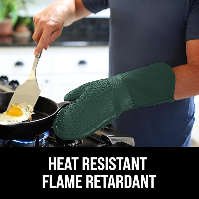 BPA-Free Silicone Oven Mitts Ultra Heat Resistant up to 500°F - Oven Mitts with Thick Cotton Liner - Long Slip Resistant Pot Holders, Flexible Oven Gloves - Green 13.7"