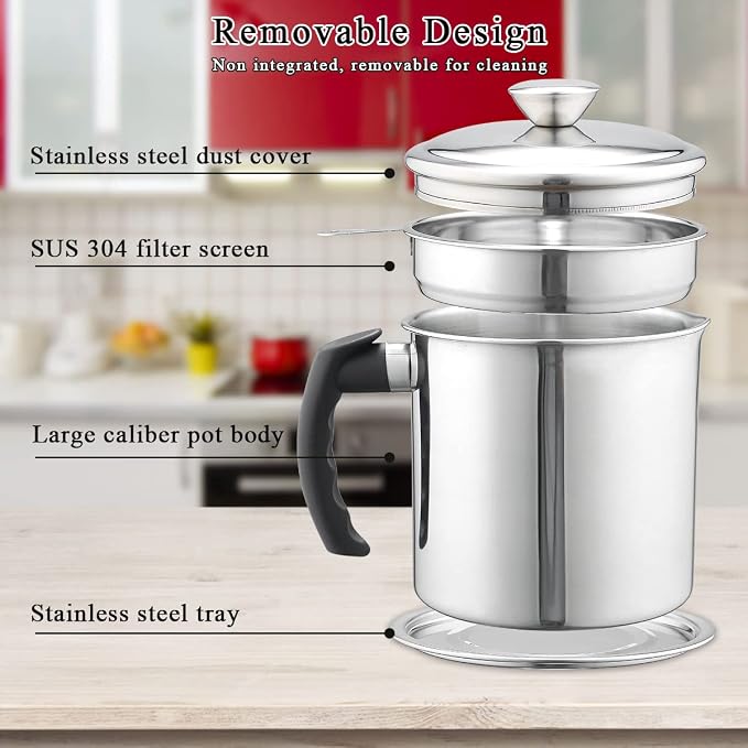 Kyraton Bacon Grease Container With Strainer, 48 oz Stainless Steel Oil Container, Pot Fat Storage With Lid, Easy Grip Handle Suitable For Storing Frying Oil And Cooking Grease 1. Silver