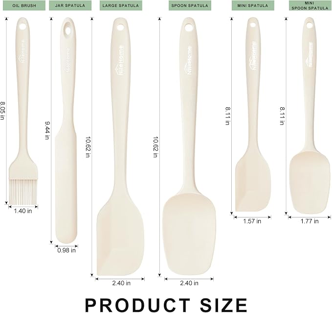 NileHome Silicone Spatula Set, 6 Pieces Food Grade Kitchen Utensils with Silicone Brush Heat Resistant Up to 600°F Dishwasher Safe BPA-Free Rubber Spatula for Scraping, Baking, Cooking, Mixing-Ivory