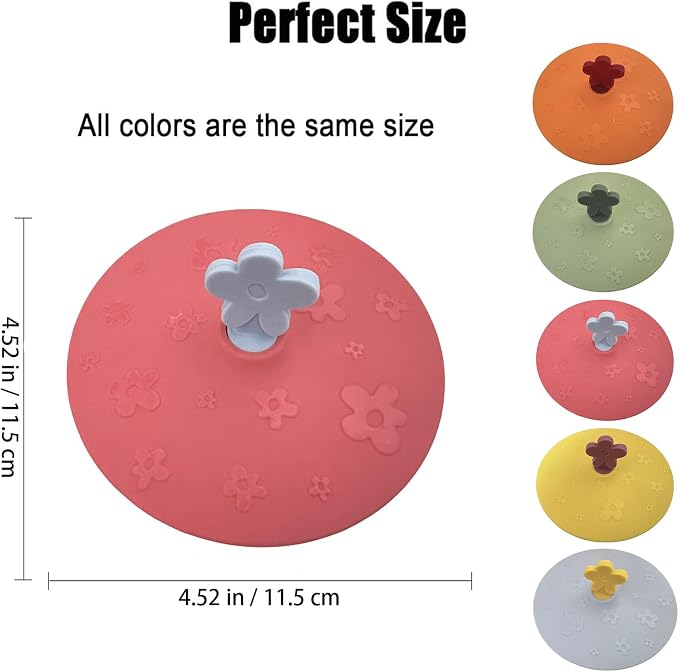flower Silicone Cup Covers (Set of 5), Multicolored Silicone Lids for Mugs, Cups, Flexible Mug Covers, Tea Pots, Hot Cup Lids for Coffee & Tea (Style D)