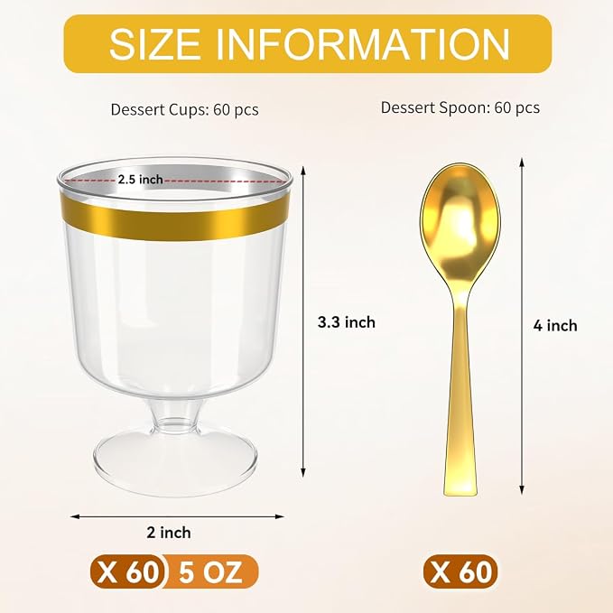 120Pcs Dessert Cups with Golden Spoon,5Oz Clear Plastic Parfait Cups,Mini Appetizer Cups Disposable Shooter Cups for Pudding Ice Cream Mousse Cake Birthday Party Events Supplies