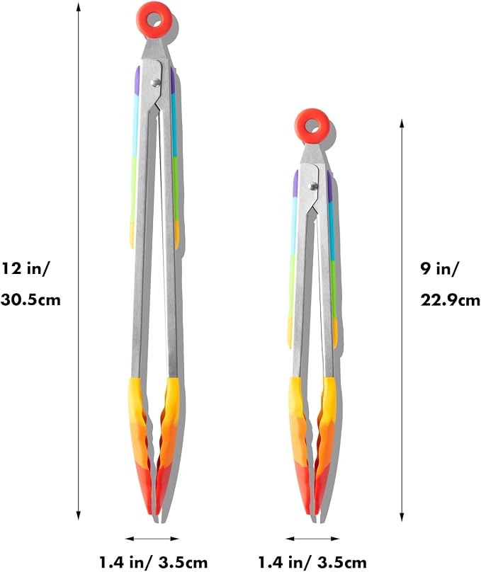 OYV Rainbow Silicone Tongs for Cooking, Heat Resistant Kitchen Tongs for Salad, Grilling, Cooking, 304 Stainless Steel Locking and BPA Free Silicone Tips Set of 2, 9 and 12 Inch